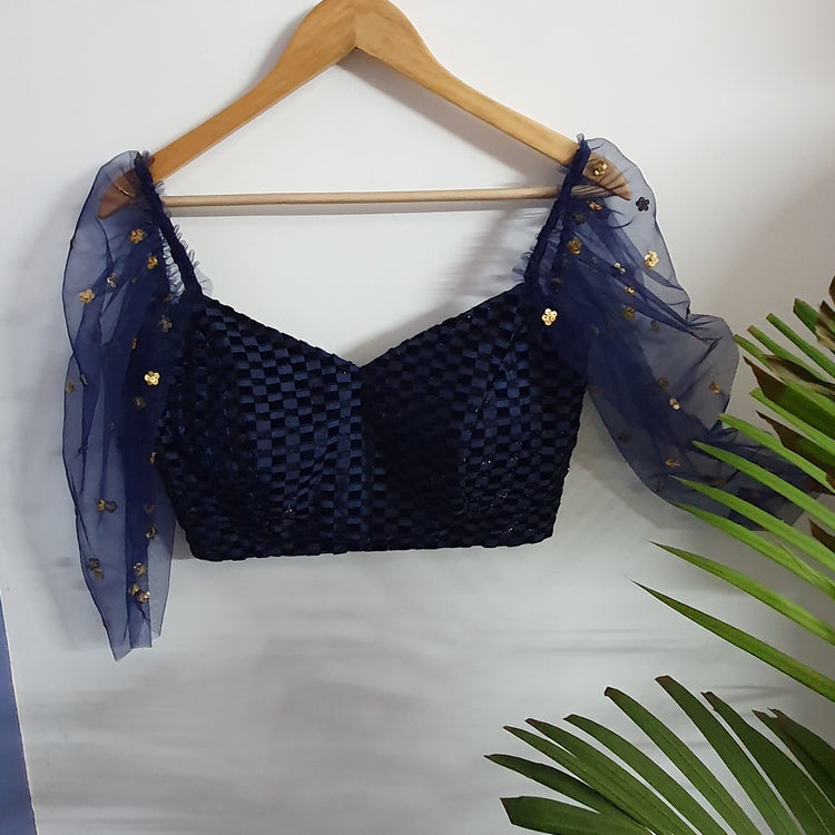 Dark blue designer Blouse with Net Sleeves