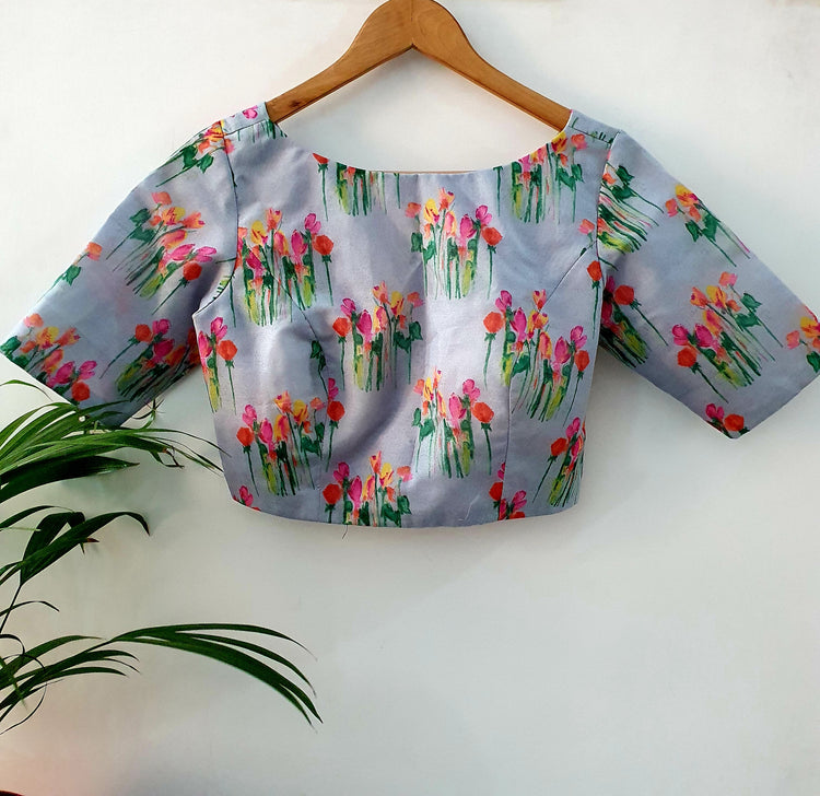 Grey Organza with Multicolor Floral Print Designer Blouse