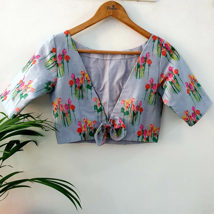 Grey Organza with Multicolor Floral Print Designer Blouse