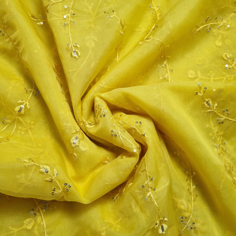 Yellow Organza Fabrics with Embroidery Work