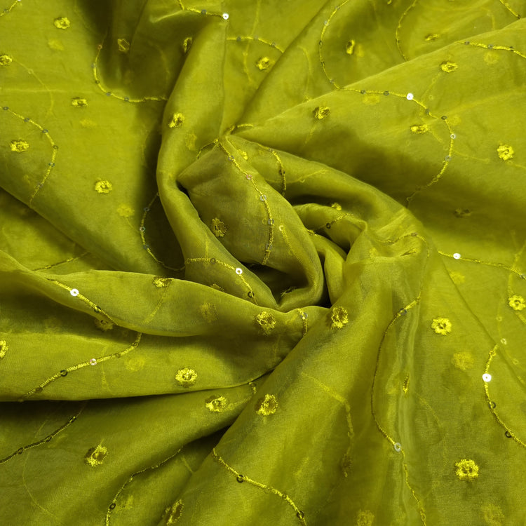 Pickle Green Organza Fabrics with Embroidery Work
