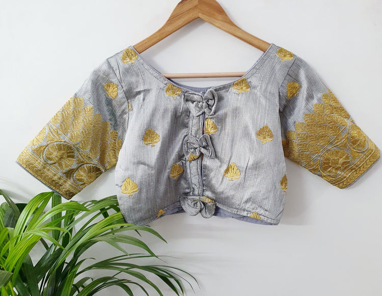 Grey Color Designer Blouse With Golden Embroidery