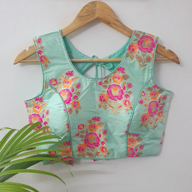 Pastle Sky Blue With Floral Print Designer Blouse