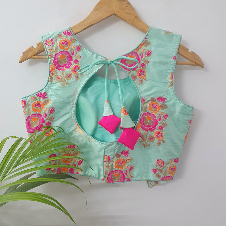 Pastle Sky Blue With Floral Print Designer Blouse