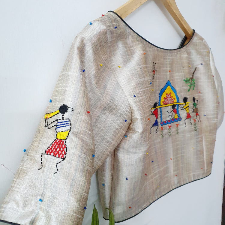 Beige Embroidered Silk Blouse