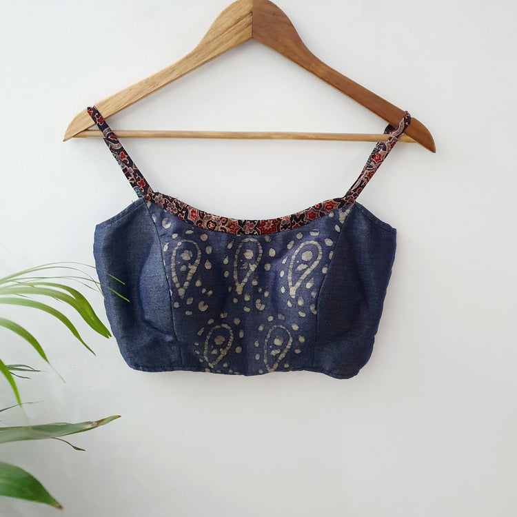 Grey Block Printed and Ajrakh Designer Blouse