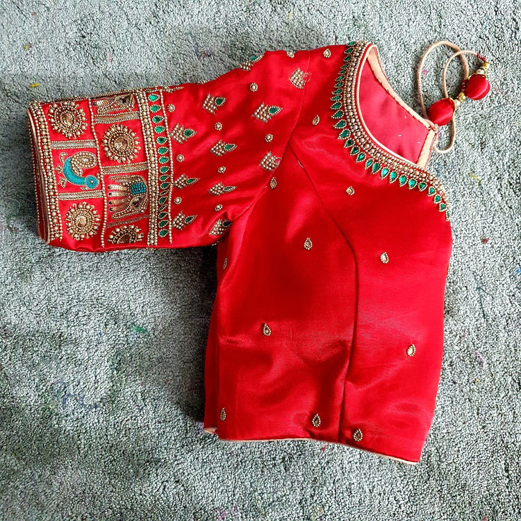 Tomato Red Hand Embroidered Designer Bridal Blouse