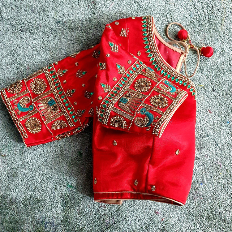 Tomato Red Hand Embroidered Designer Bridal Blouse