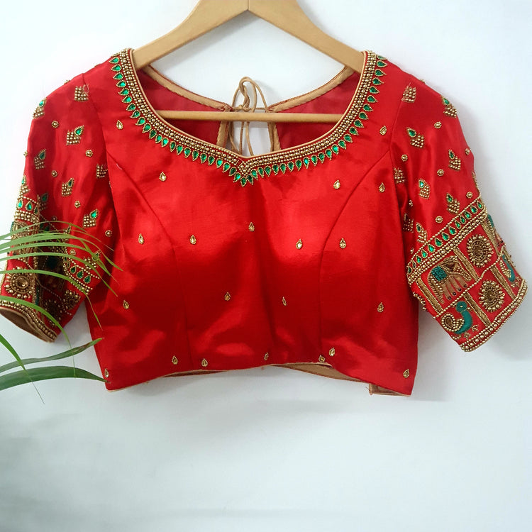 Tomato Red Hand Embroidered Designer Bridal Blouse