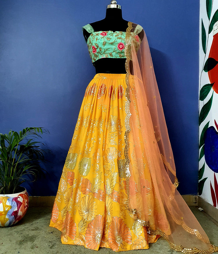 Beautiful Yellow Georgette Lahenga Set