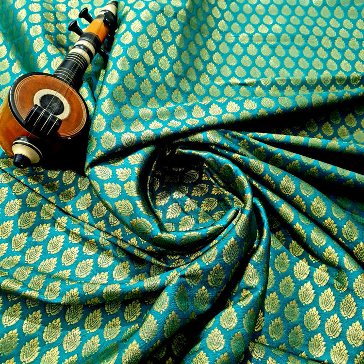 Woven Rama Green Brocade With Goldeb Buta Fabric