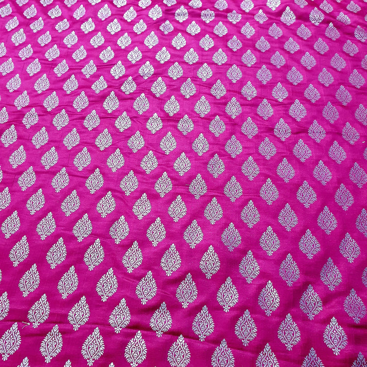 Woven Magenta Pink Brocade With Silver Buta Fabric