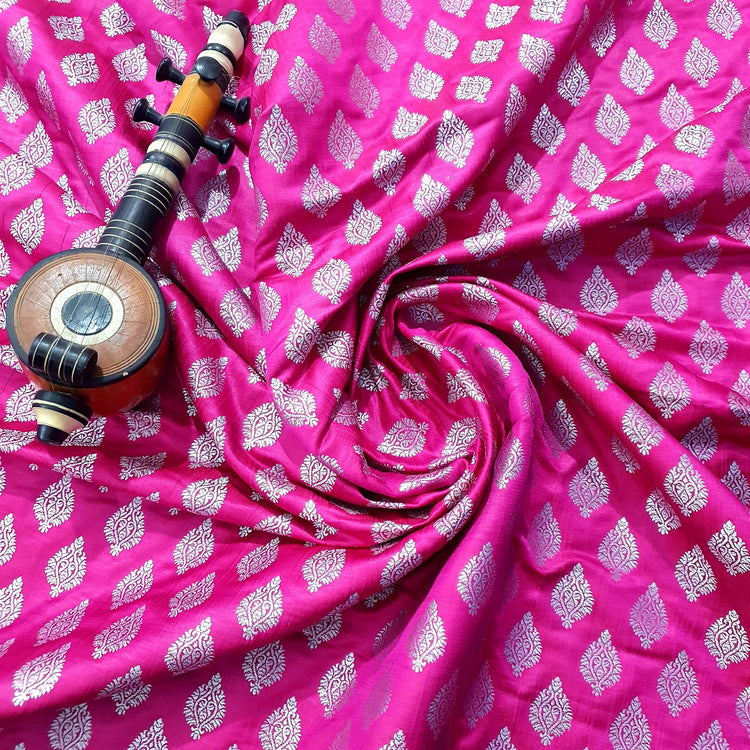 Woven Magenta Pink Brocade With Silver Buta Fabric