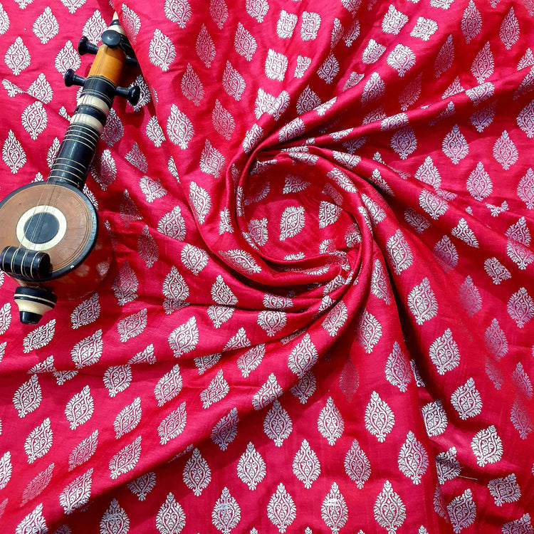 Woven Red Brocade With Silver Buta Fabric