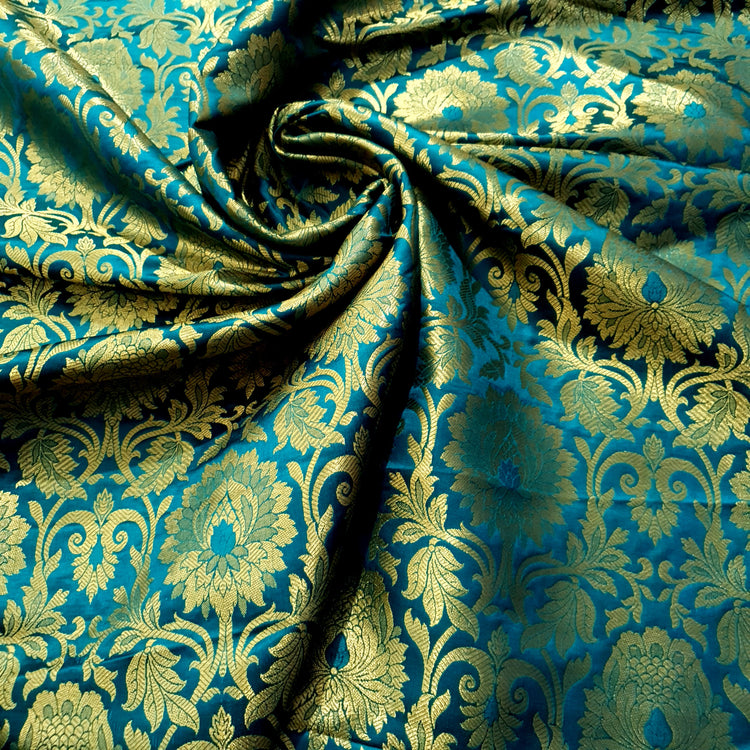 Woven Rama Green Brocade With Golden Floral Fabric