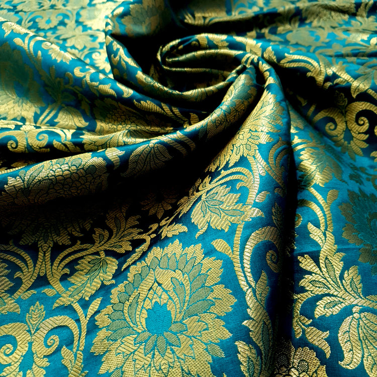Woven Rama Green Brocade With Golden Floral Fabric