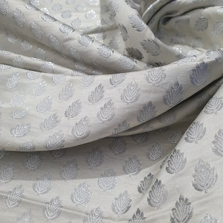 White Brocade With Silver Buta Fabric
