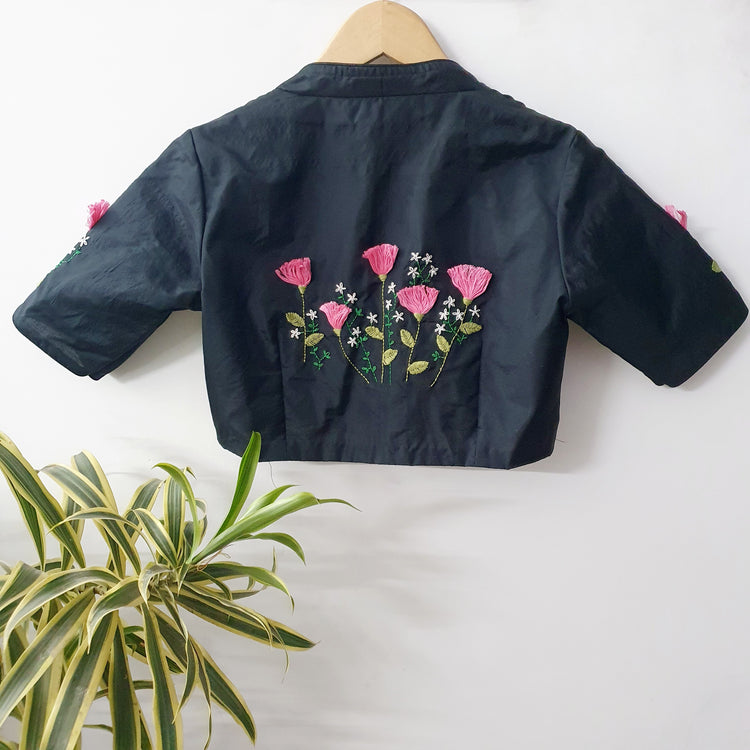 Hand Embroidered Black Cotton Silk Blouse