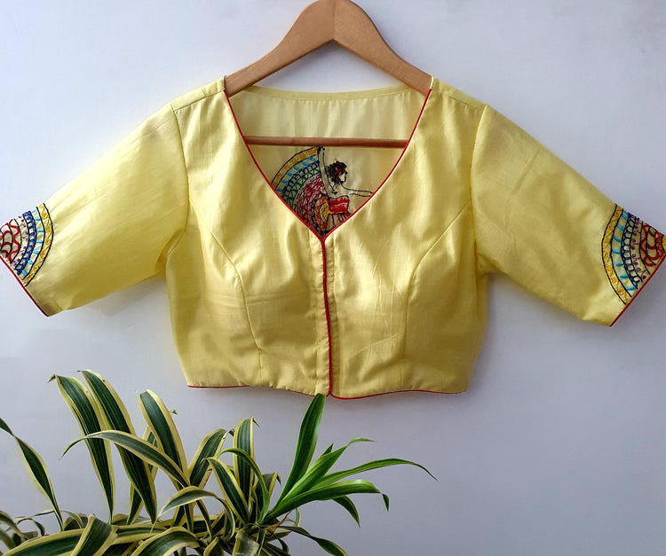 Hand Embroidered  Lemon Yellow Designer Blouse