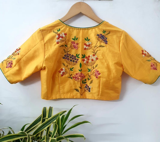 Hand Embroidered  Yellow Designer Blouse