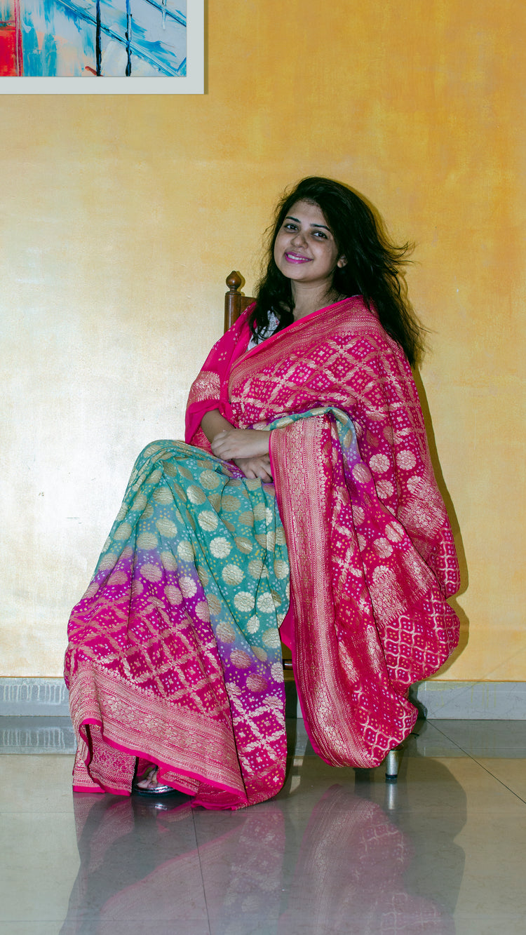 Handwoven Pure Bandhej Sari in tones of Pink, Coral and Sage Green