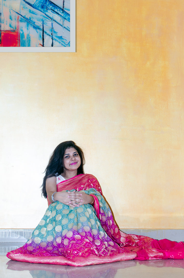 Handwoven Pure Bandhej Sari in tones of Pink, Coral and Sage Green