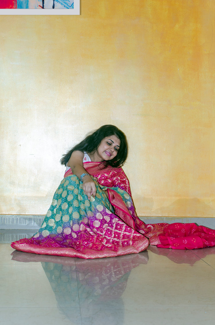 Handwoven Pure Bandhej Sari in tones of Pink, Coral and Sage Green