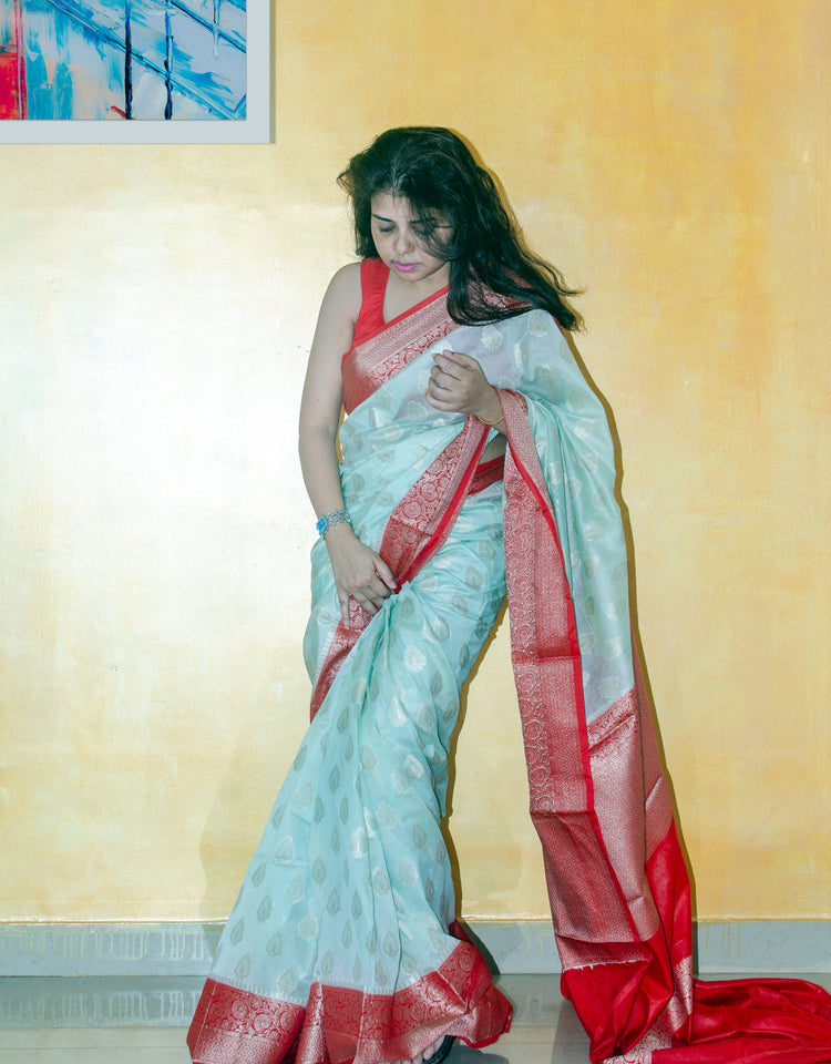 LightCyan Banarasi Organza Saree