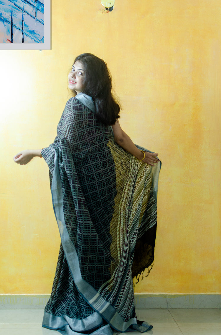 Black Checks Pure Linen Sari