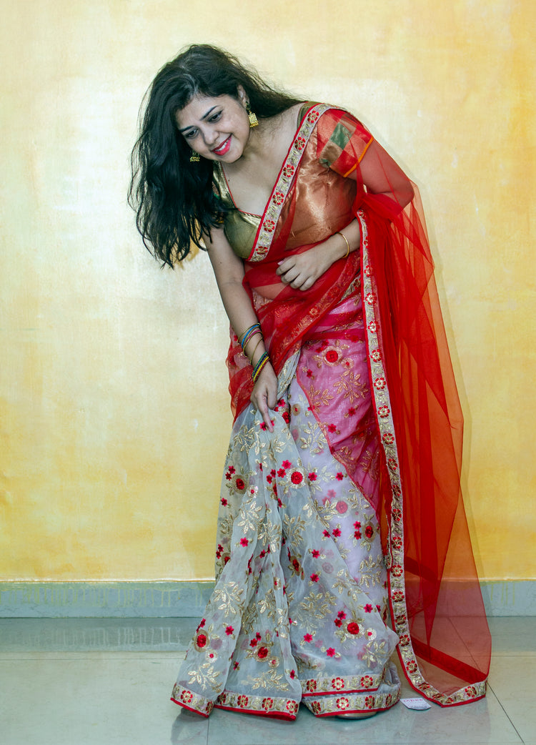 Half and half embroidery organza and net sari