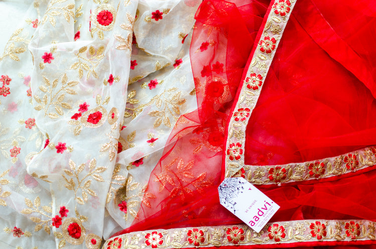 Half and half embroidery organza and net sari