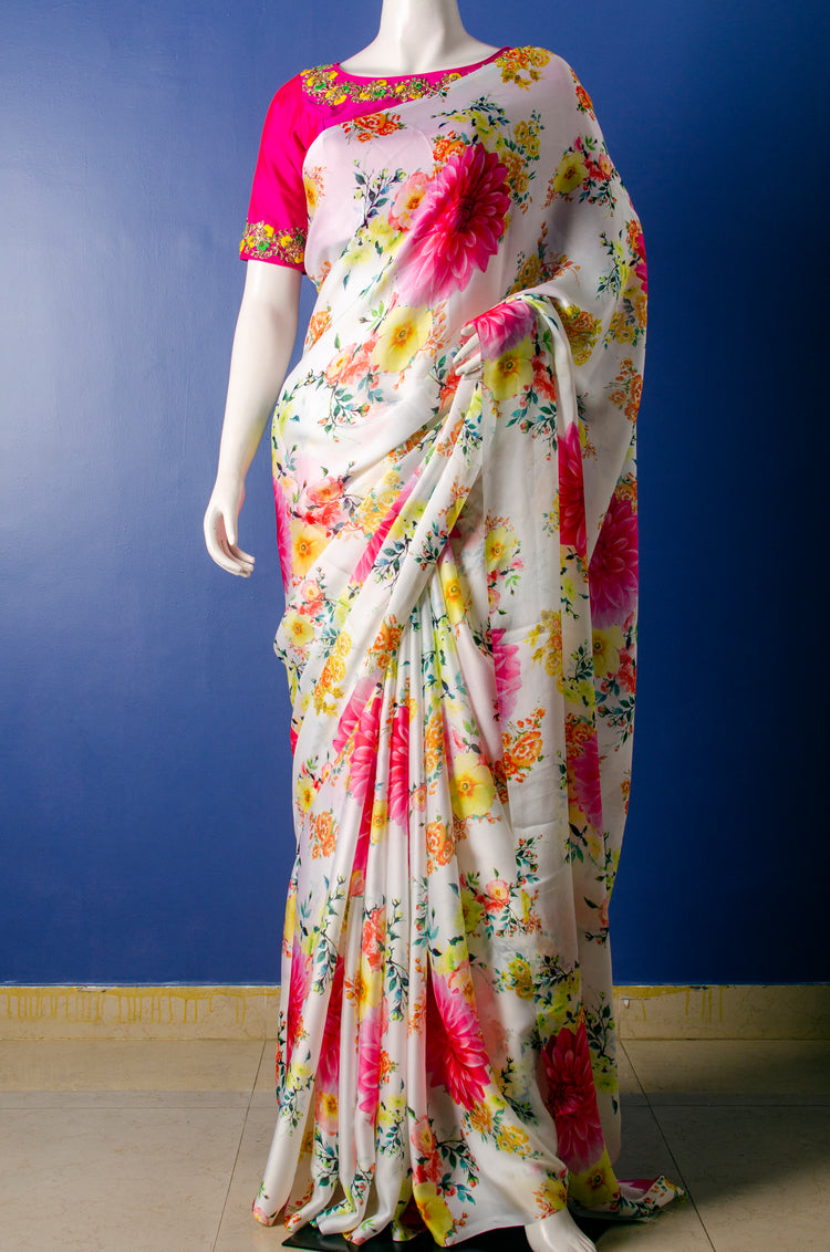 Beautiful Floral Print Satin Georgette Sari