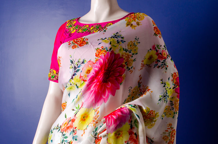 Beautiful Floral Print Satin Georgette Sari