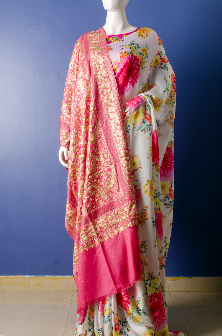 Beautiful Floral Print Satin Georgette Sari