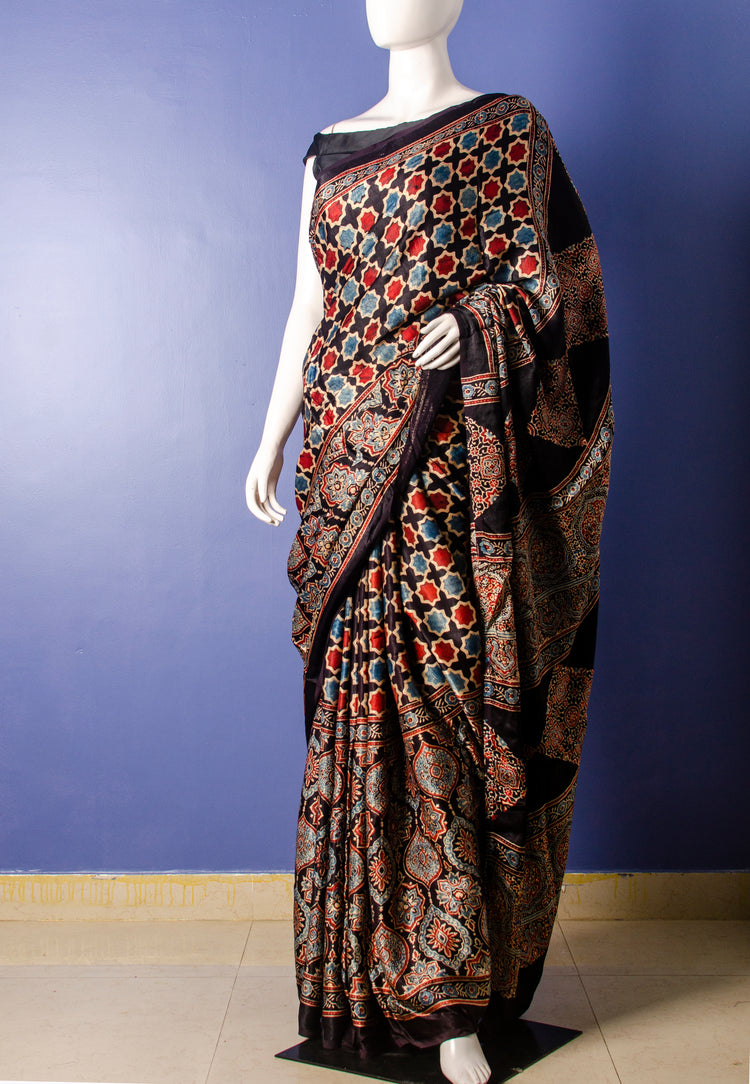 BEAUTIFUL AJRAK HANDBLOCK PRINTED MODAL SILK SARI