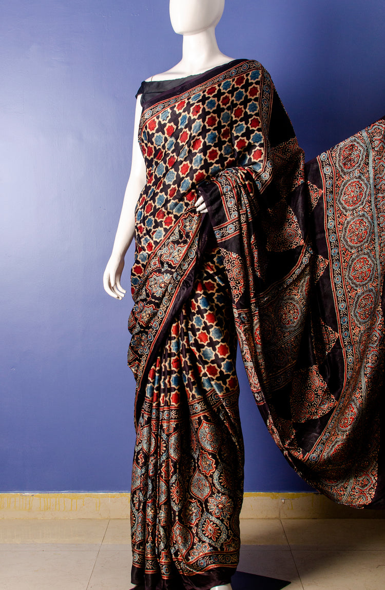 BEAUTIFUL AJRAK HANDBLOCK PRINTED MODAL SILK SARI