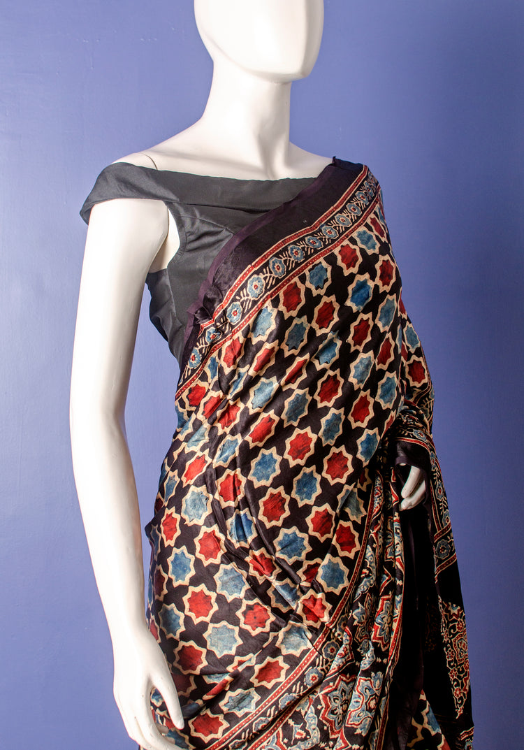 BEAUTIFUL AJRAK HANDBLOCK PRINTED MODAL SILK SARI