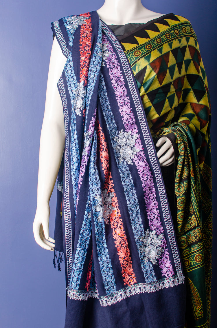 BEAUTIFUL DEEP NAVY BLUE MULTI THREADS EMBROIDERED PASHMINA STOLE