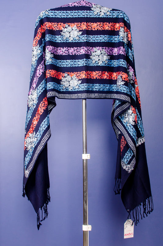 BEAUTIFUL DEEP NAVY BLUE MULTI THREADS EMBROIDERED PASHMINA STOLE