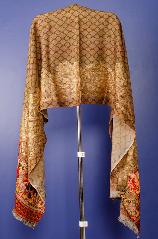 Golden Beige Woven Pashmina Stole with Floral Digital Print and Embroidered.