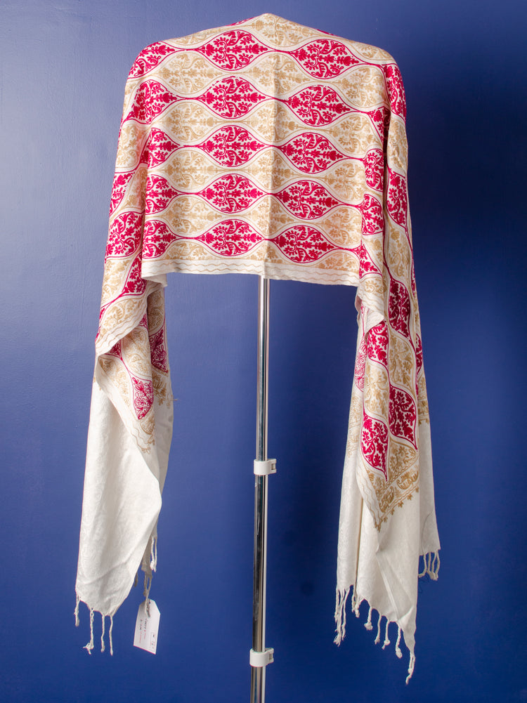 MULTI THREAD KASHMIRI EMBROIDERY ON WHITE STOLE