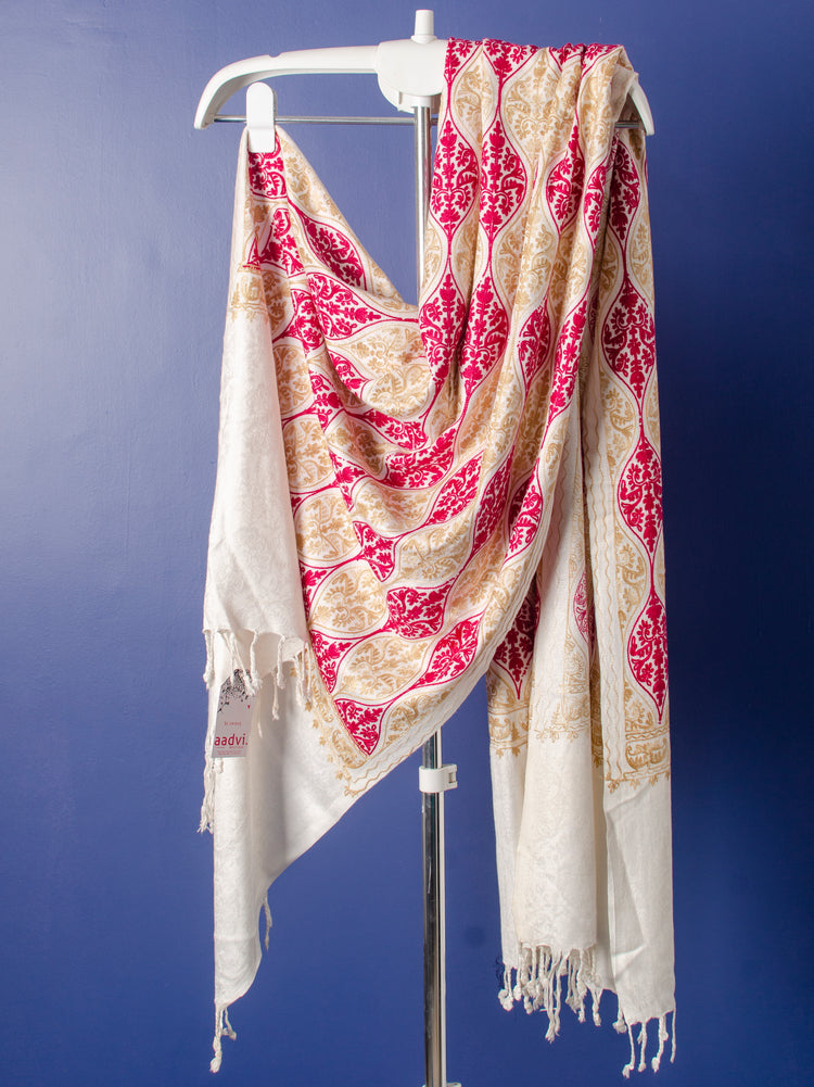 MULTI THREAD KASHMIRI EMBROIDERY ON WHITE STOLE