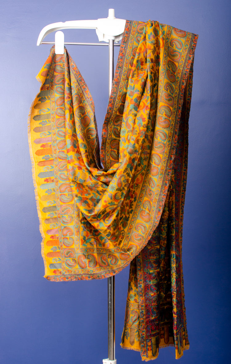 Pure Pashmina mustard yellow colour woven Kani stole
