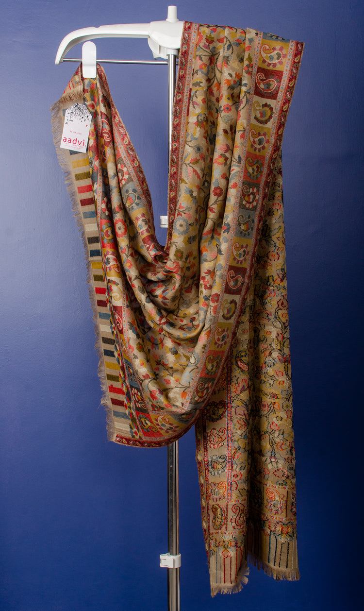 BEIGE WOVEN KANI PASHMINA STOLE