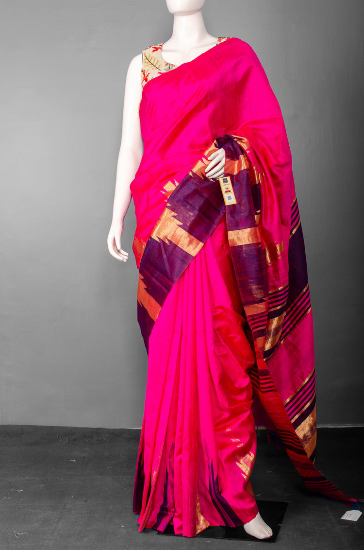 Handwoven Fuscia Pure Raw Silk with Red and Golden Border