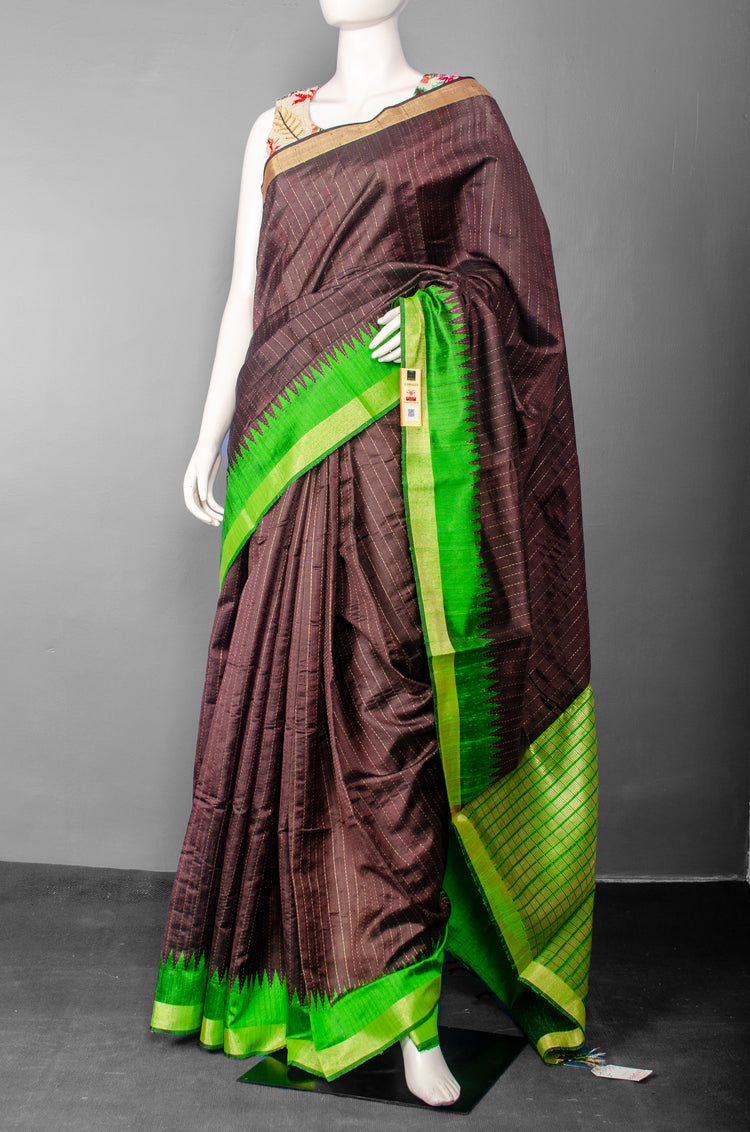 Handwoven Dark Brown Pure Raw Silk with Green Temple Border