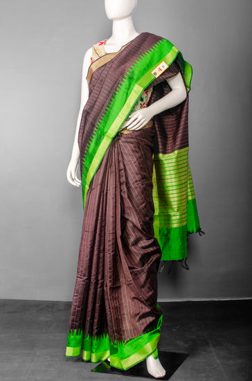 Handwoven Dark Brown Pure Raw Silk with Green Temple Border