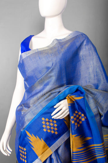 Handwoven Azure Pure Tissue Raw Silk with Royal Blue and Mustard Border