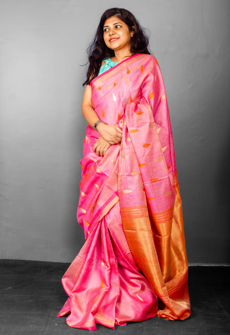 Peach Pure Woven Tissue Tussar Silk Sari With Beautiful Motifs and Orange Rich Pallu