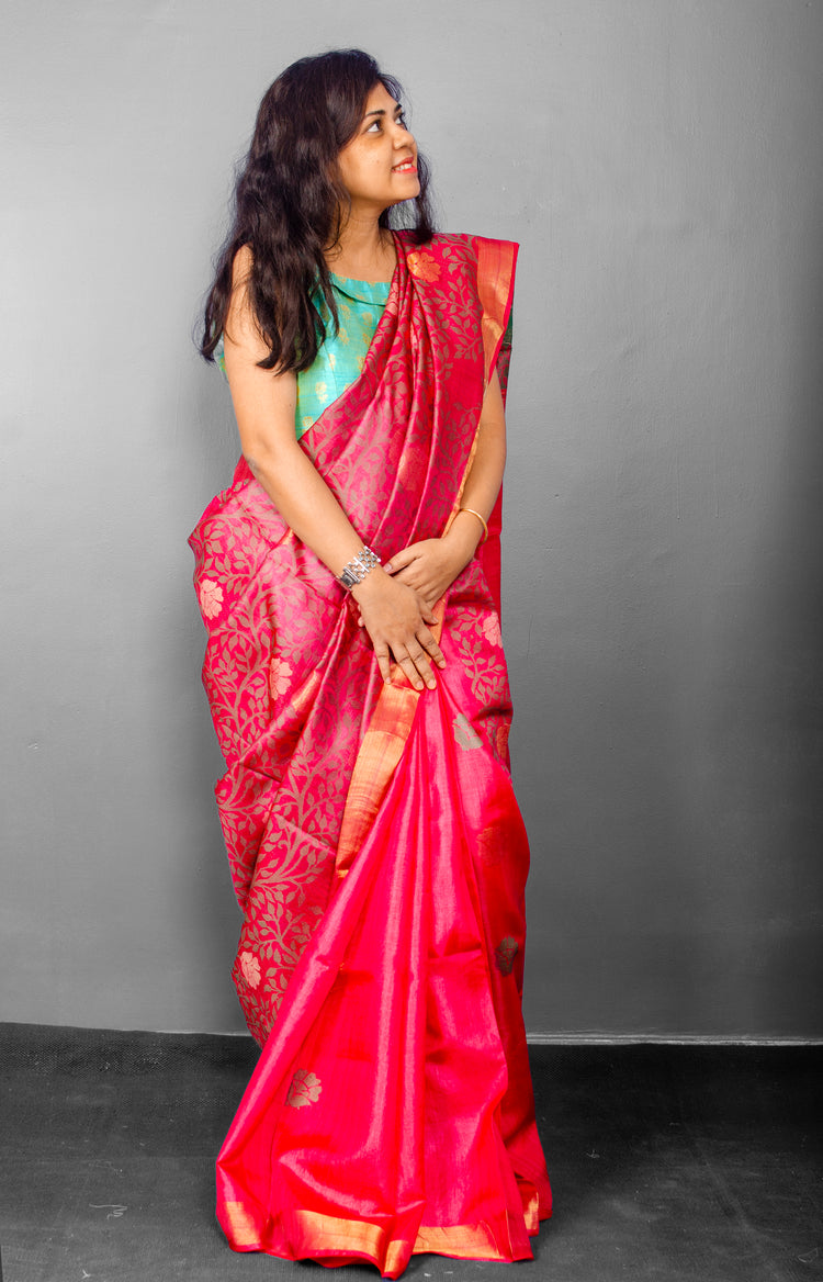Half and Half Handwoven Cerise Tussar Silk Sari.  Half of the Sari weaved floral pattern and half of the only flower motifs.